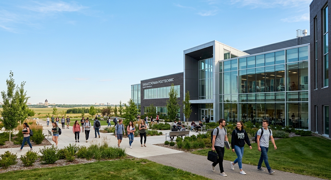Modern Saskatchewan Polytechnic campus building with students walking through a landscaped courtyard, Canadian prairie skyline in background, clear blue sky, contemporary architecture with glass facades