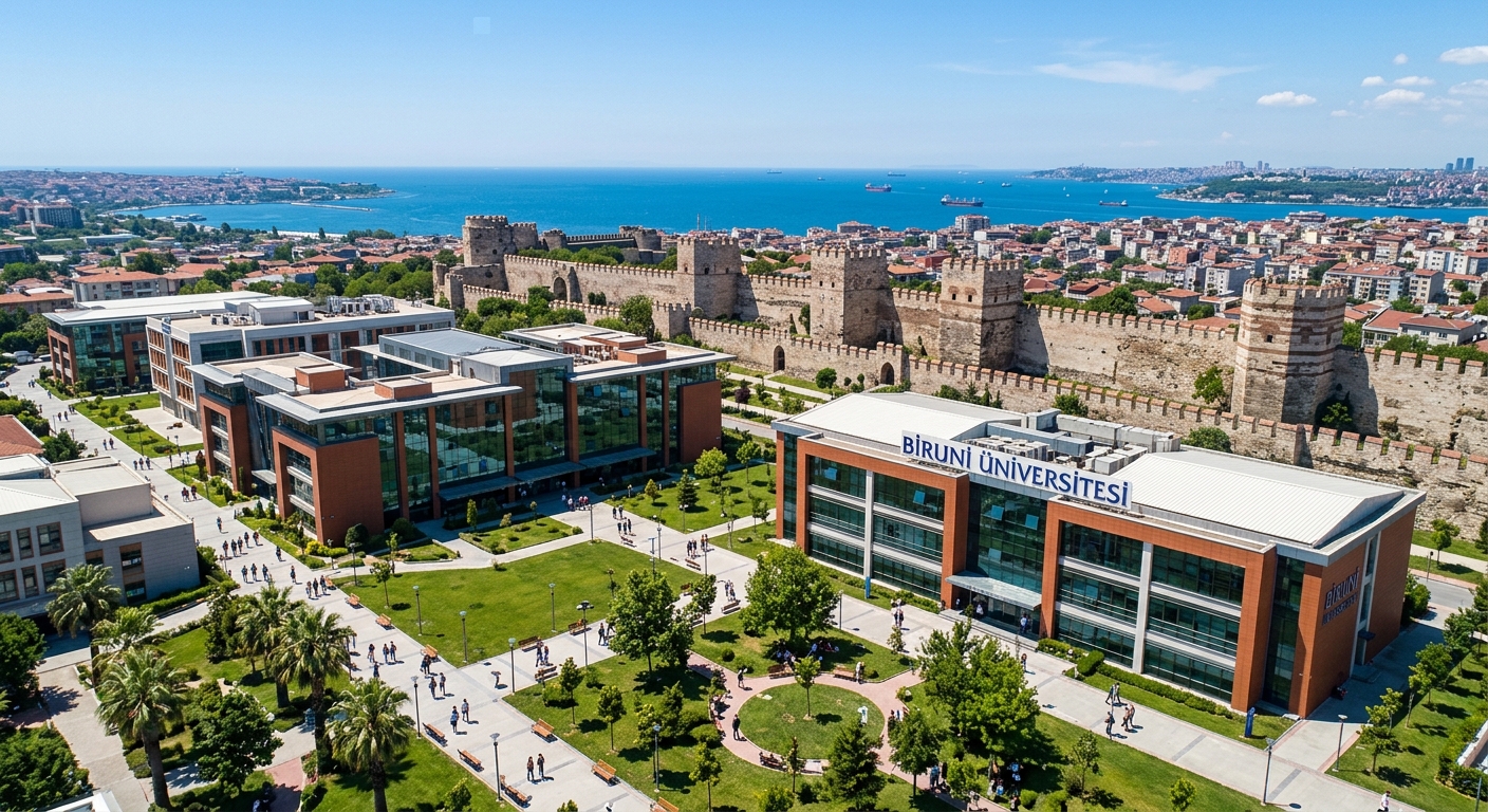 Biruni University main campus in Zeytinburnu Istanbul, modern university buildings opposite the historic Topkapi walls, green spaces and walkways, clear sky with Marmara Sea in the distance