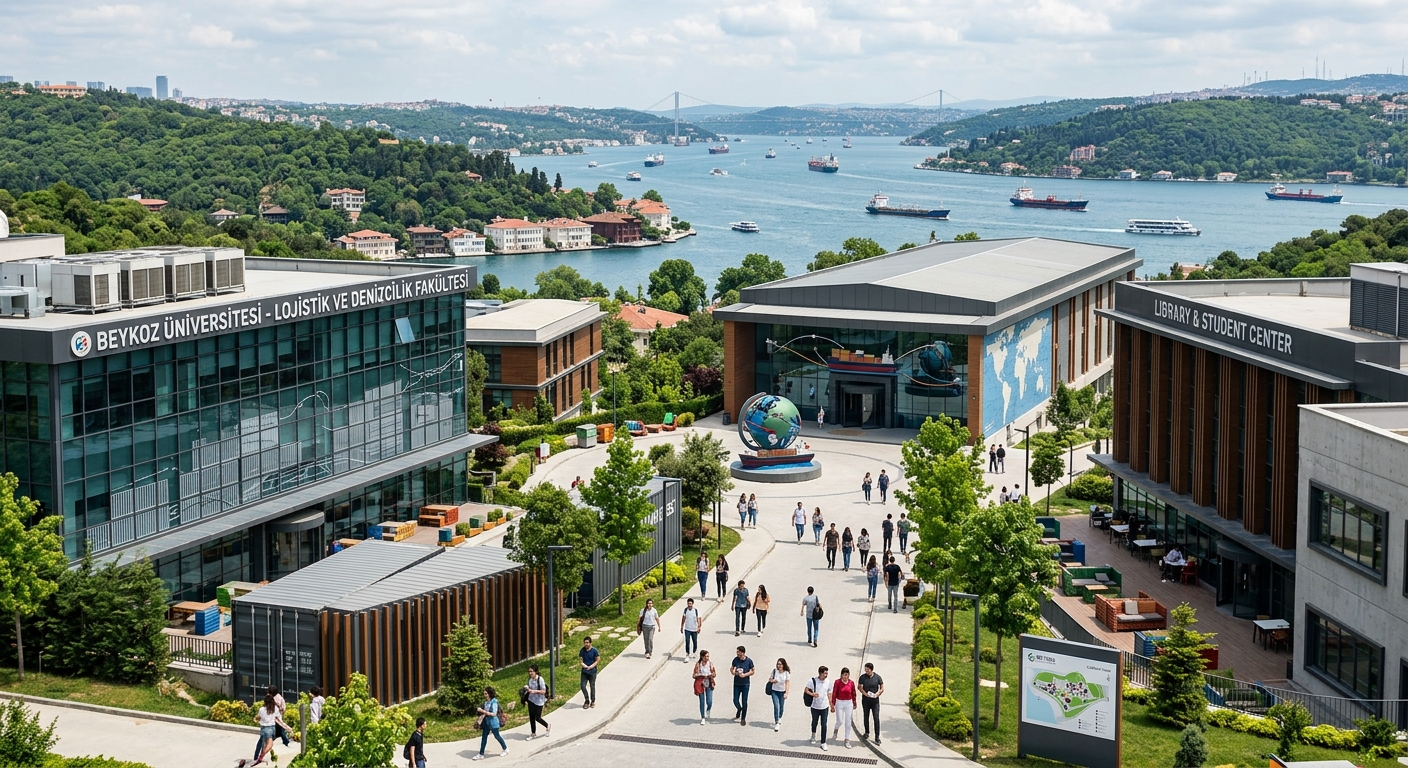 Modern university campus in Istanbul Beykoz district, green hills and Bosphorus views in the background, students walking between contemporary academic buildings, logistics and shipping imagery subtly integrated into campus design