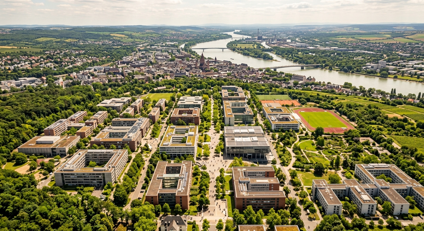 Aerial view of Johannes Gutenberg University Mainz campus, modern university buildings surrounded by green spaces, the Rhine River visible in the background, warm daylight illuminating the Rhineland-Palatinate landscape