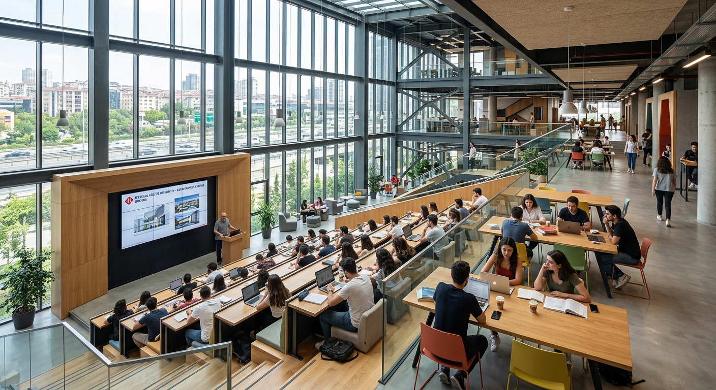 Istanbul Kültür University Basın Ekspres campus contemporary architecture, open-plan lecture halls, collaborative student workspaces with natural lighting