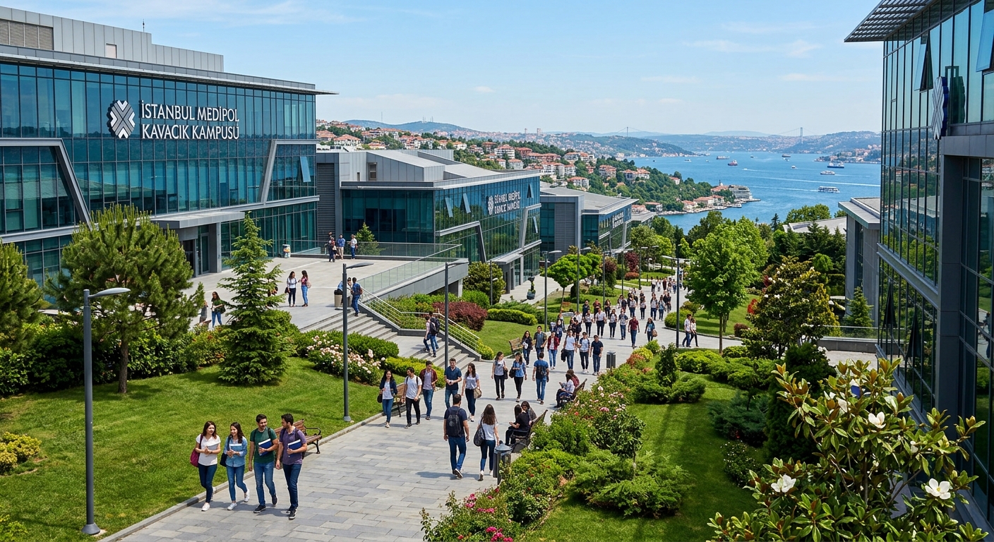 Istanbul Medipol University Kavacik campus modern building exterior with green landscaped grounds, students walking between glass-fronted faculty buildings, Bosphorus hills visible in background, sunny day in Istanbul Turkey