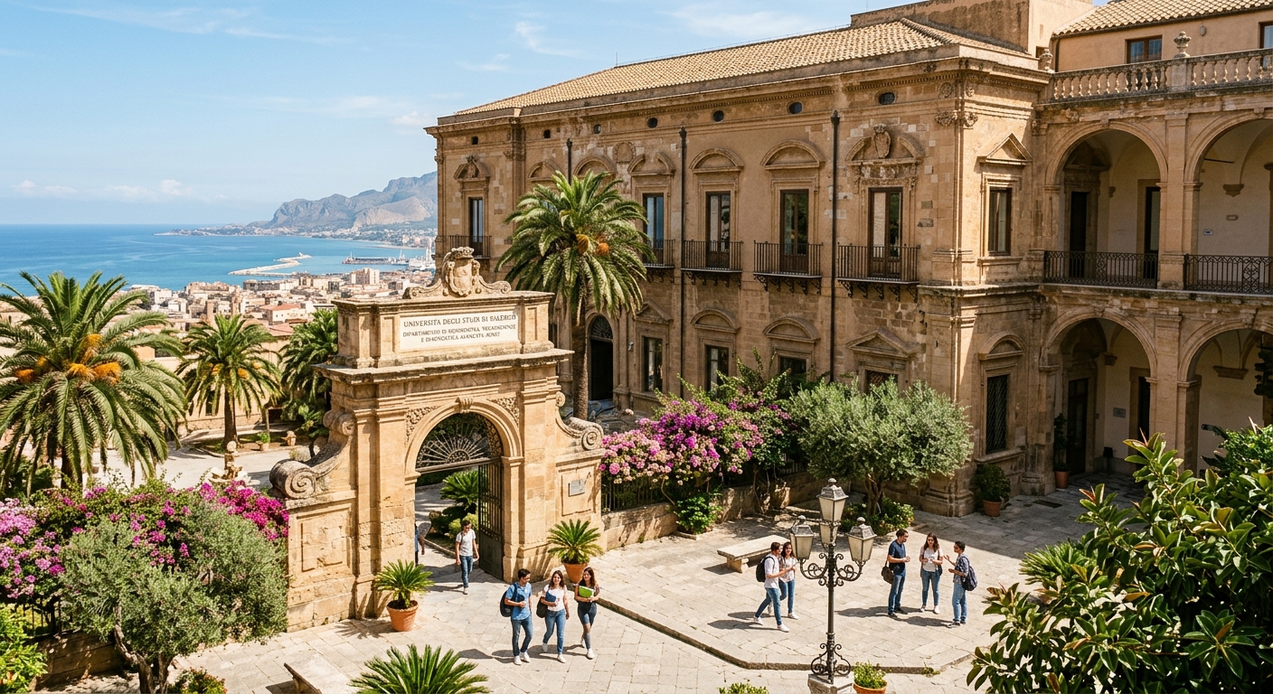 University of Palermo historic campus building with Mediterranean architecture, palm trees, and the Sicilian coastline in the background, students walking through sunlit courtyards near the Department of Biomedicine, Neuroscience and Advanced Diagnostics