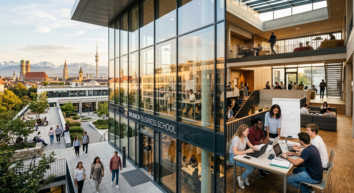 Modern Munich Business School campus building with glass facade, students collaborating in an open atrium, Munich skyline with Alps visible in the background, warm afternoon light