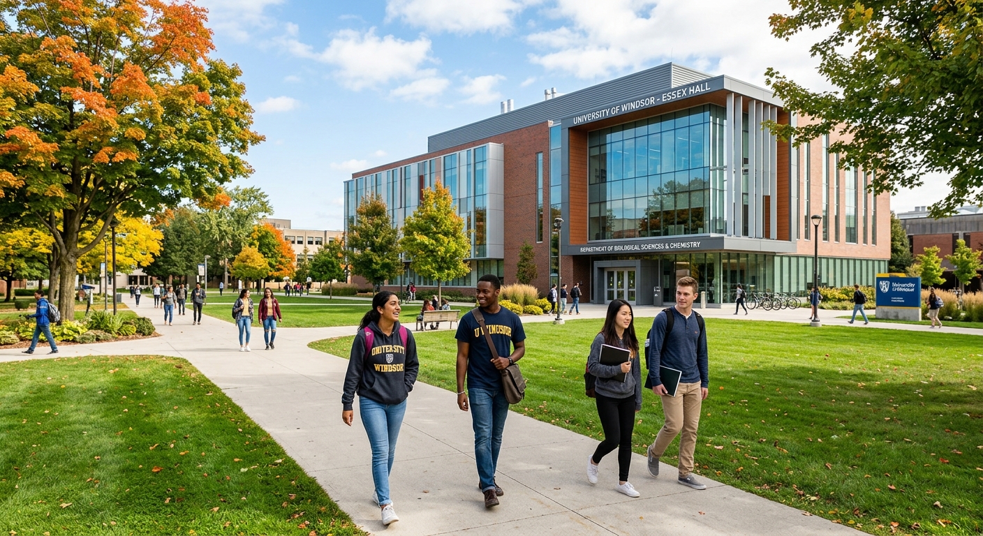 University of Windsor campus in Ontario Canada with modern science building, green lawns, and diverse students walking between classes on a sunny day
