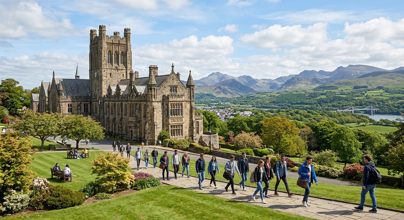 Historic Bangor University main building with Victorian architecture, set against the backdrop of Snowdonia mountains and lush green Welsh landscape, students walking across campus on a sunny day