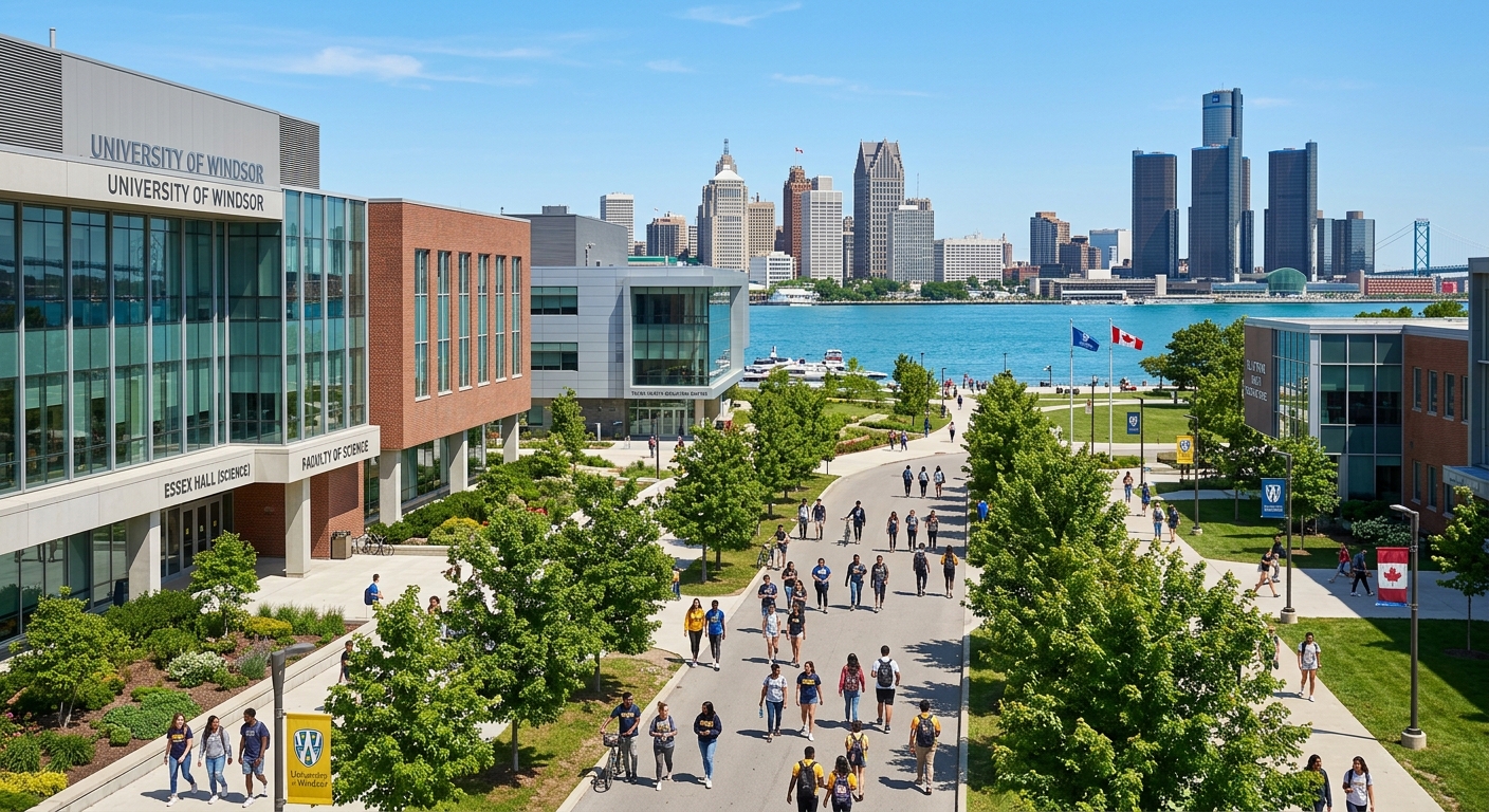 University of Windsor campus with modern science buildings, students walking along tree-lined pathways, Detroit River waterfront visible in the background, bright sunny day in Ontario Canada