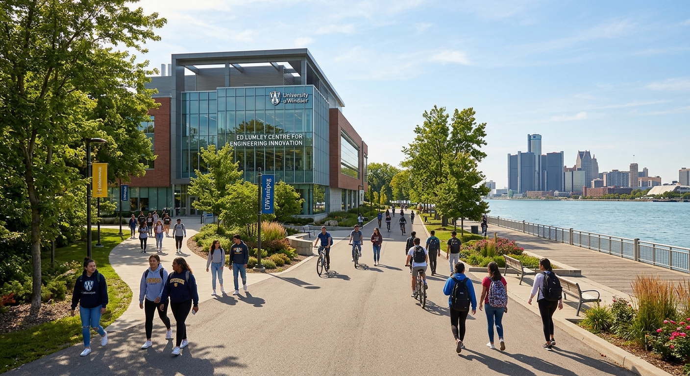 University of Windsor campus with modern Ed Lumley Centre for Engineering Innovation building, students walking along tree-lined pathways near the Detroit River waterfront, bright sunny day in Ontario Canada