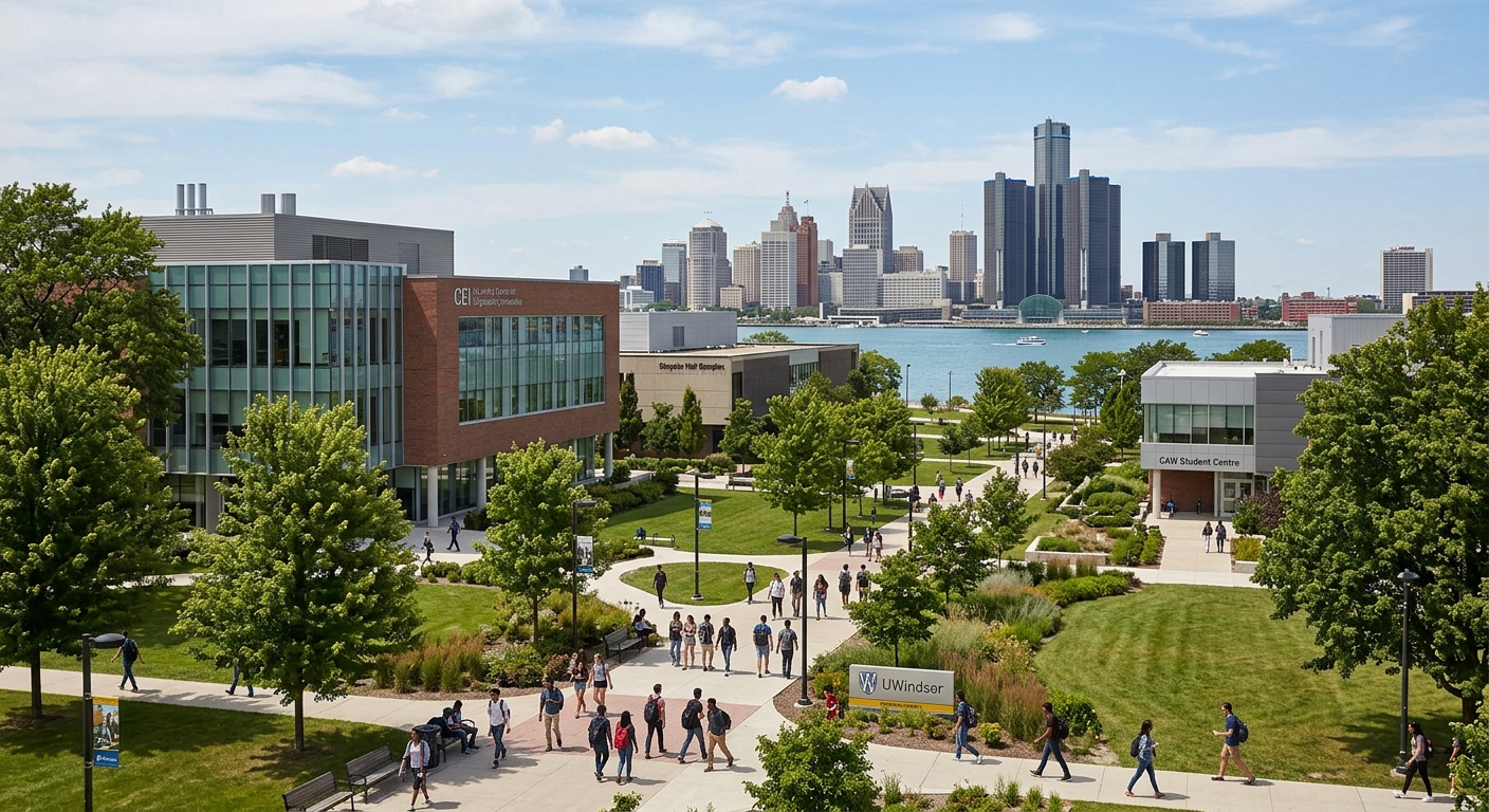 University of Windsor campus with modern academic buildings, green lawns, and students walking along tree-lined pathways in Windsor, Ontario, Canada, with the Detroit skyline visible in the background