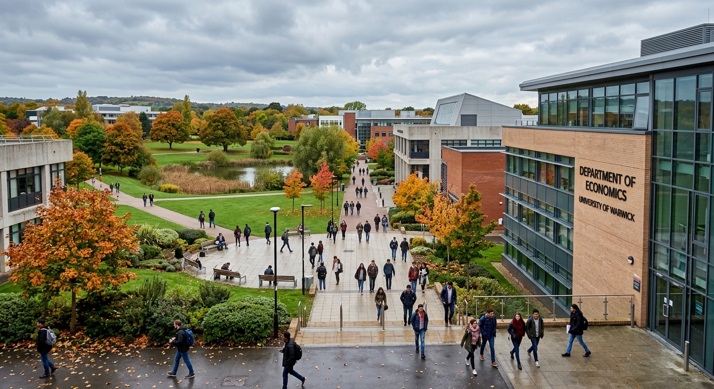 University of Warwick modern campus with contemporary architecture, green parkland surroundings, students walking between academic buildings, Department of Economics building visible, overcast English sky with autumn foliage