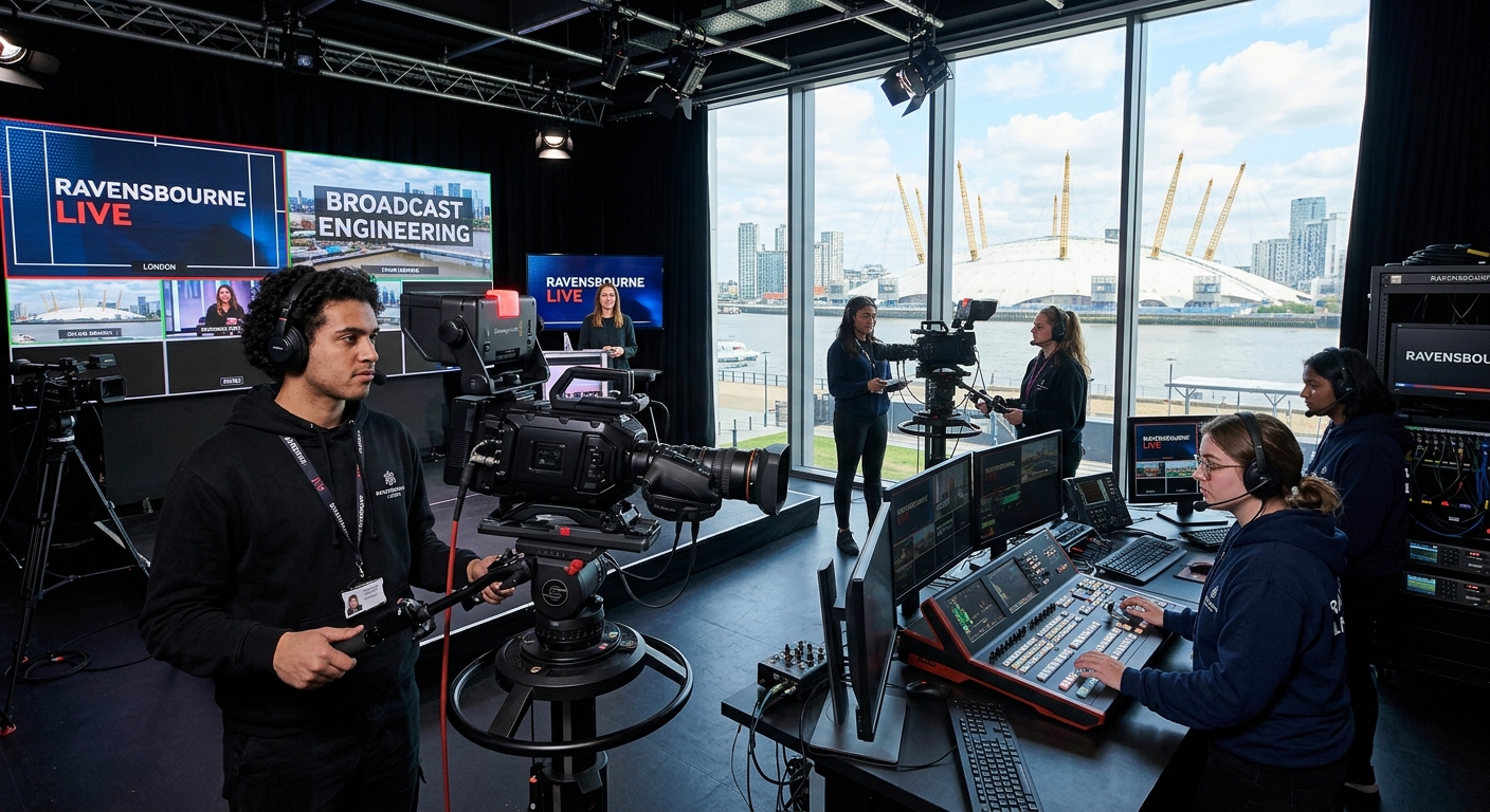 Modern broadcast engineering studio at Ravensbourne University London, students operating professional television cameras and vision mixing desks, LED screens displaying live feeds, Greenwich Peninsula campus visible through floor-to-ceiling windows with the O2 Arena in the background