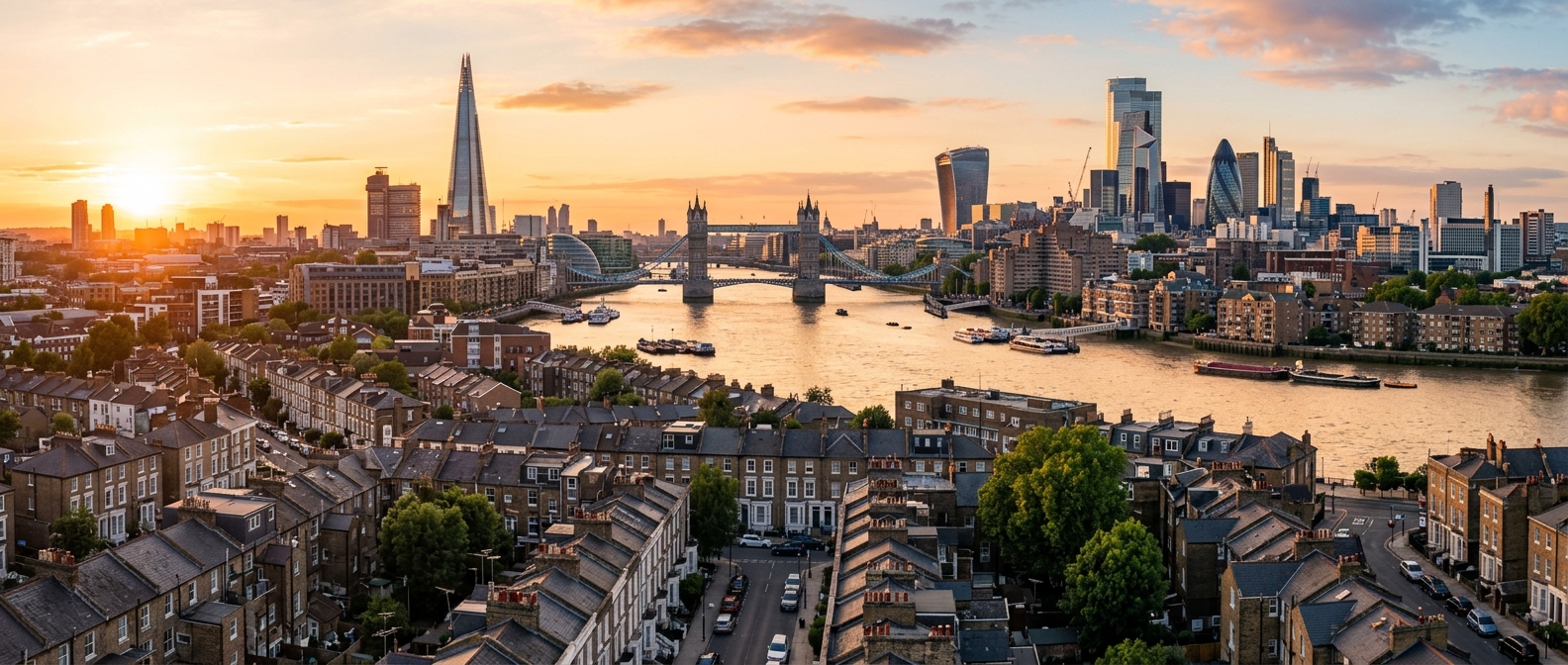 Panoramic view of London skyline from South East London showing the Shard, Tower Bridge, and Thames River, with New Cross neighbourhood rooftops in foreground, golden hour lighting