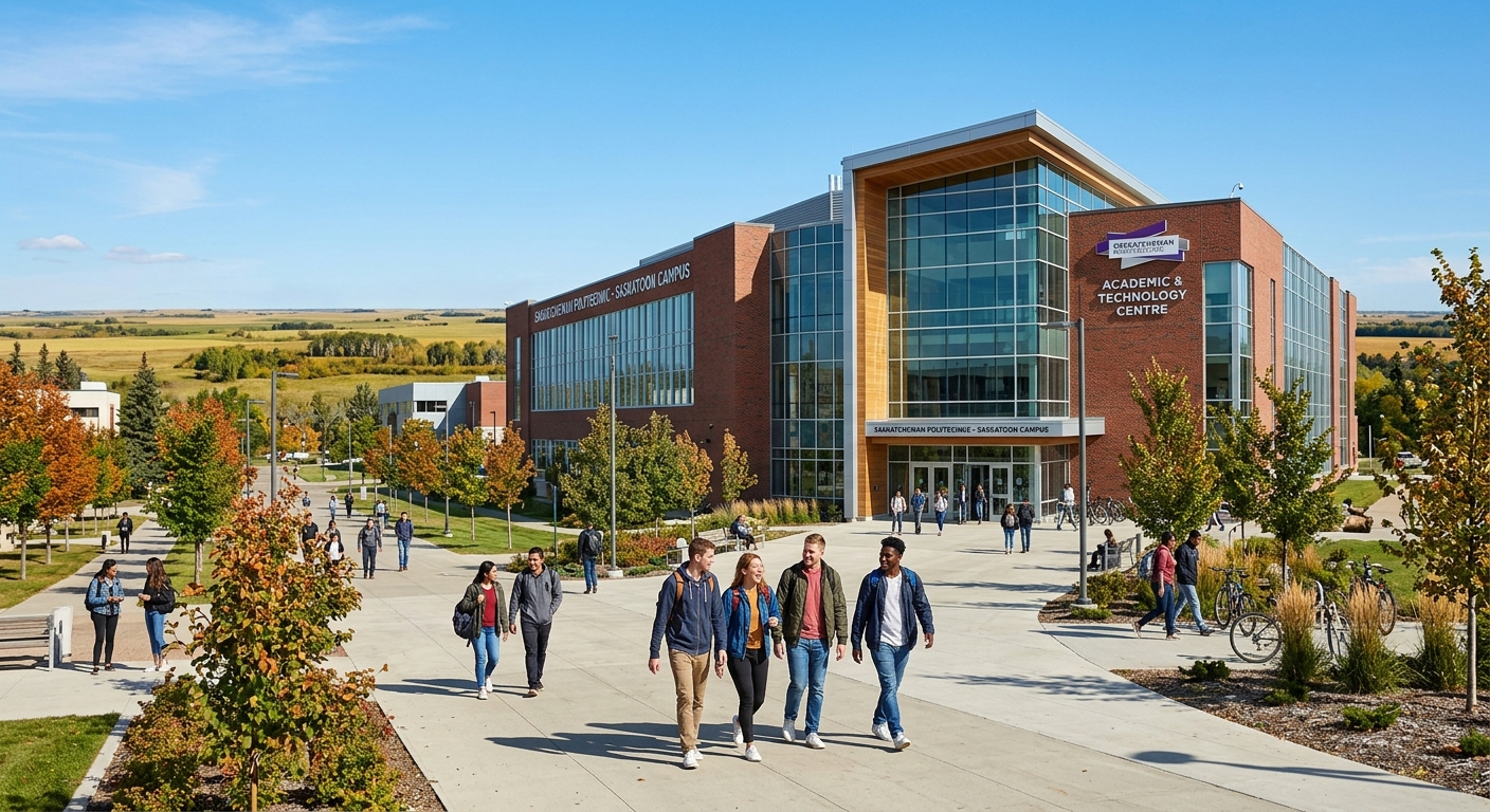 Modern Saskatchewan Polytechnic campus building in Saskatoon with students walking along tree-lined pathways, contemporary glass and brick architecture, Canadian prairie landscape in the background under a clear blue sky