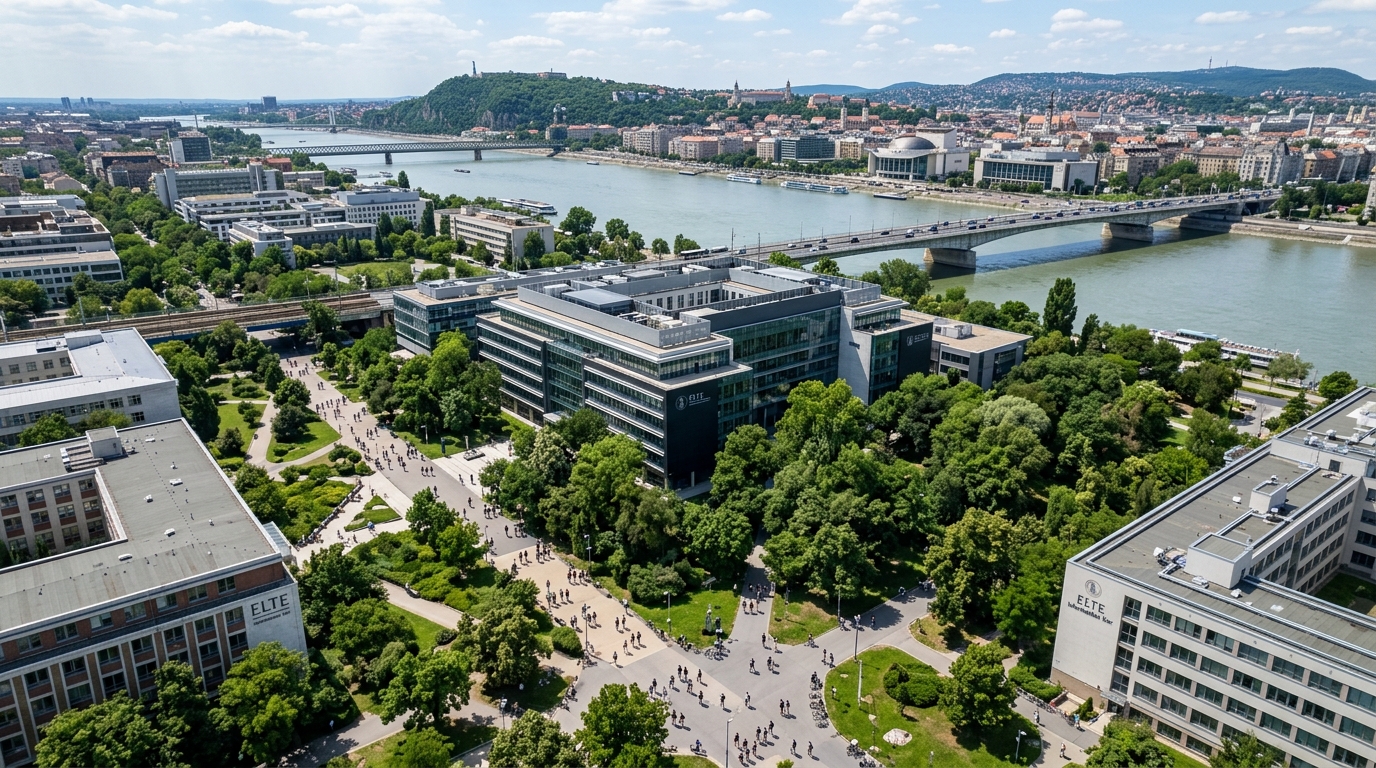 Aerial view of Eötvös Loránd University campus in Budapest with the Danube River in the background, modern informatics building surrounded by green trees, students walking on pathways
