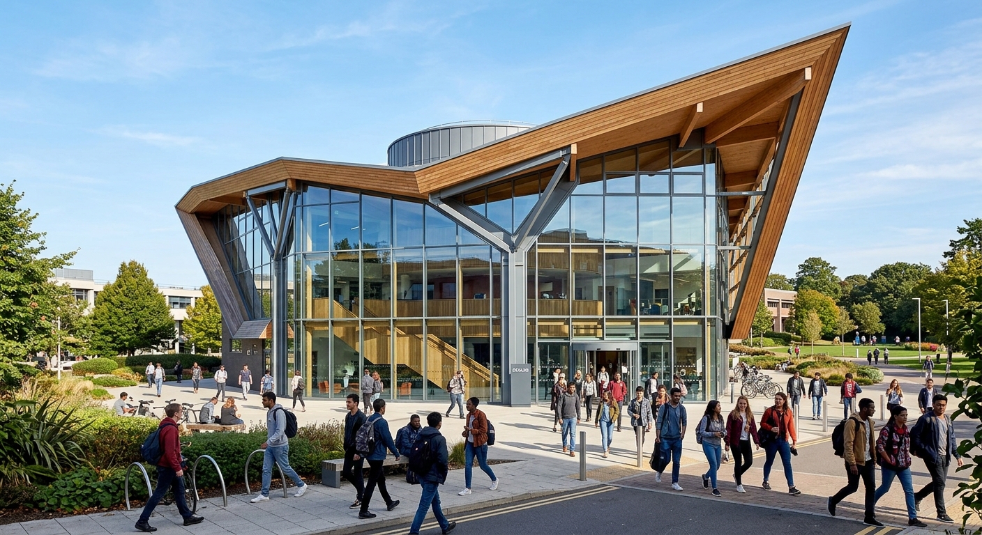 The Oculus building at University of Warwick, a modern glass and steel teaching and learning centre with geometric architecture, students walking outside on a sunny day