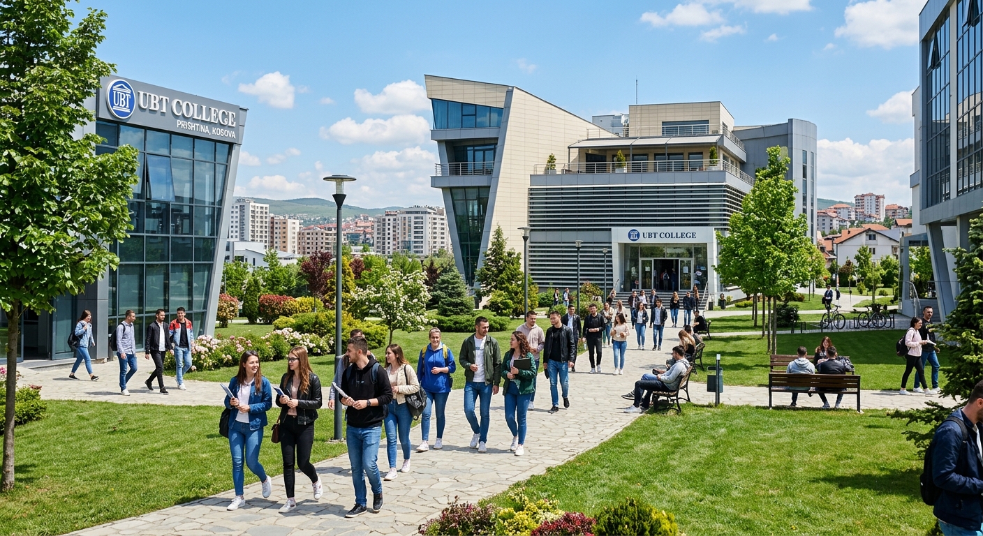 Modern UBT College campus in Prishtina Kosovo, students walking between contemporary buildings, green landscaped grounds, bright sunny day with clear sky