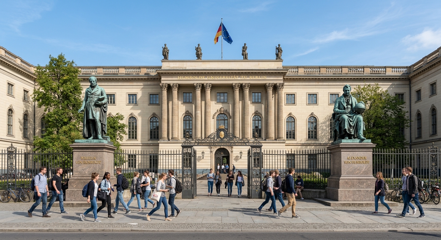 Humboldt University of Berlin main building on Unter den Linden boulevard, neoclassical facade with columns, statues of Wilhelm and Alexander von Humboldt flanking the entrance gate, clear blue sky, students walking in foreground