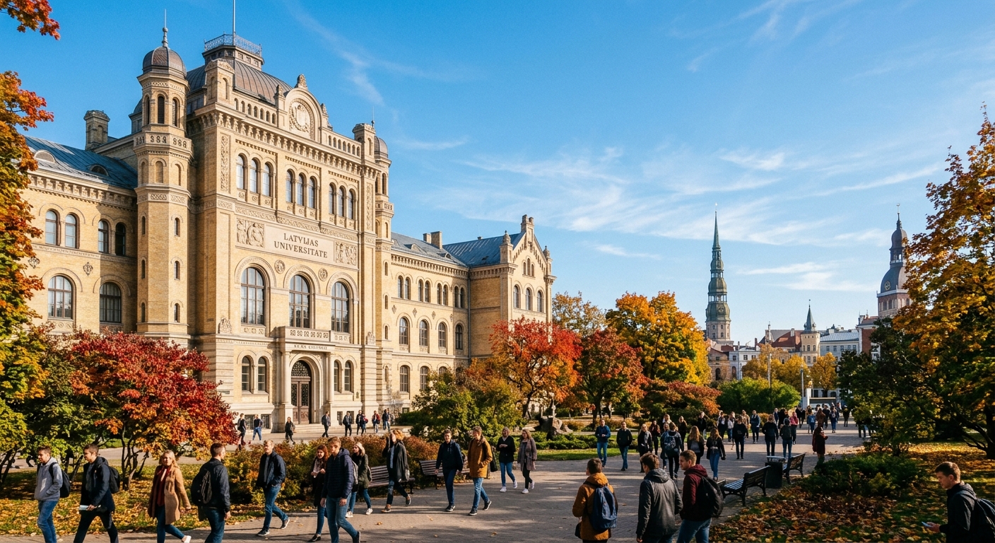 University of Latvia historic main building on Raina Boulevard in Riga with Art Nouveau architecture, students walking through campus courtyard, autumn foliage, clear sky over the Latvian capital