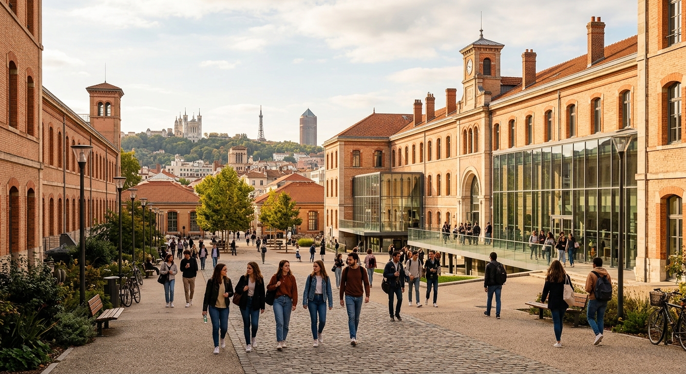 Historic Manufacture des Tabacs campus building at Jean Moulin Lyon 3 University, students walking through courtyard with modern glass elements, Lyon cityscape in background, warm afternoon light