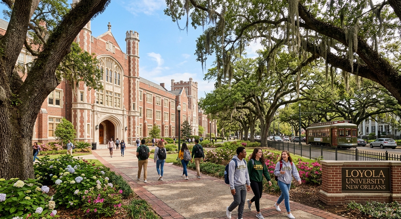 Historic Loyola University New Orleans campus along St. Charles Avenue with live oak trees, Tudor-Gothic architecture buildings, and students walking on pathways under a clear Louisiana sky