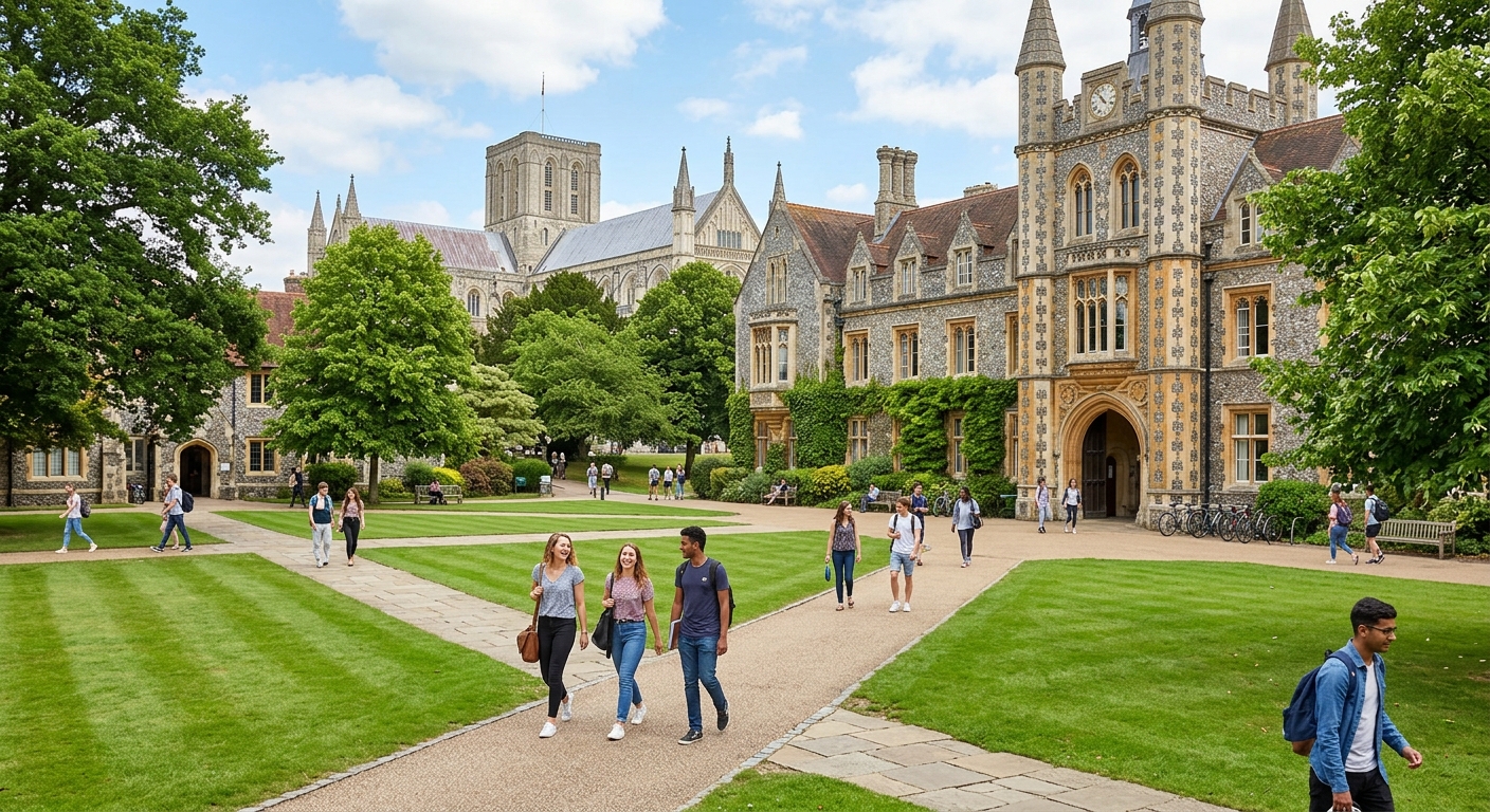 University of Winchester historic campus with green lawns and Gothic architecture, students walking between buildings, Winchester Cathedral visible in background, bright English summer day