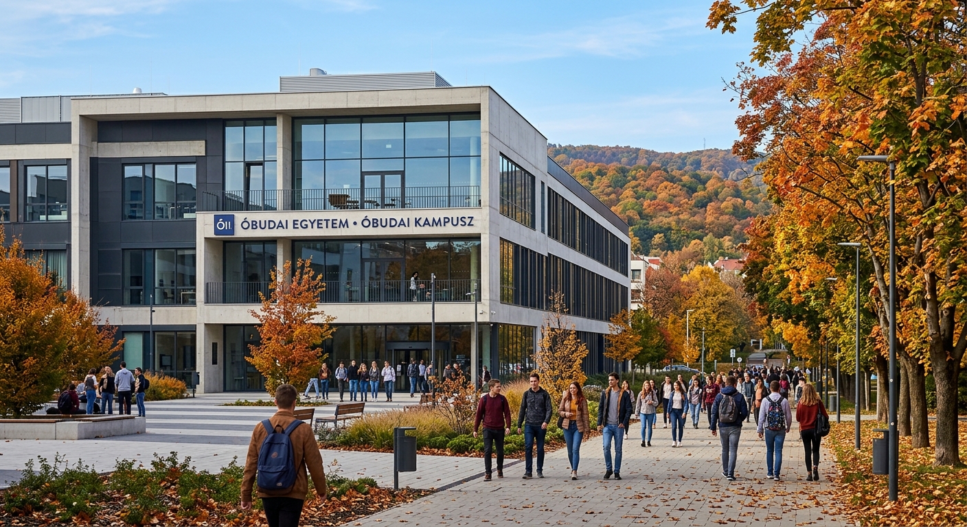 Obuda University Campus Obuda main building, modern institutional facade with large windows, students walking along tree-lined paths, Buda hills in background, autumn foliage