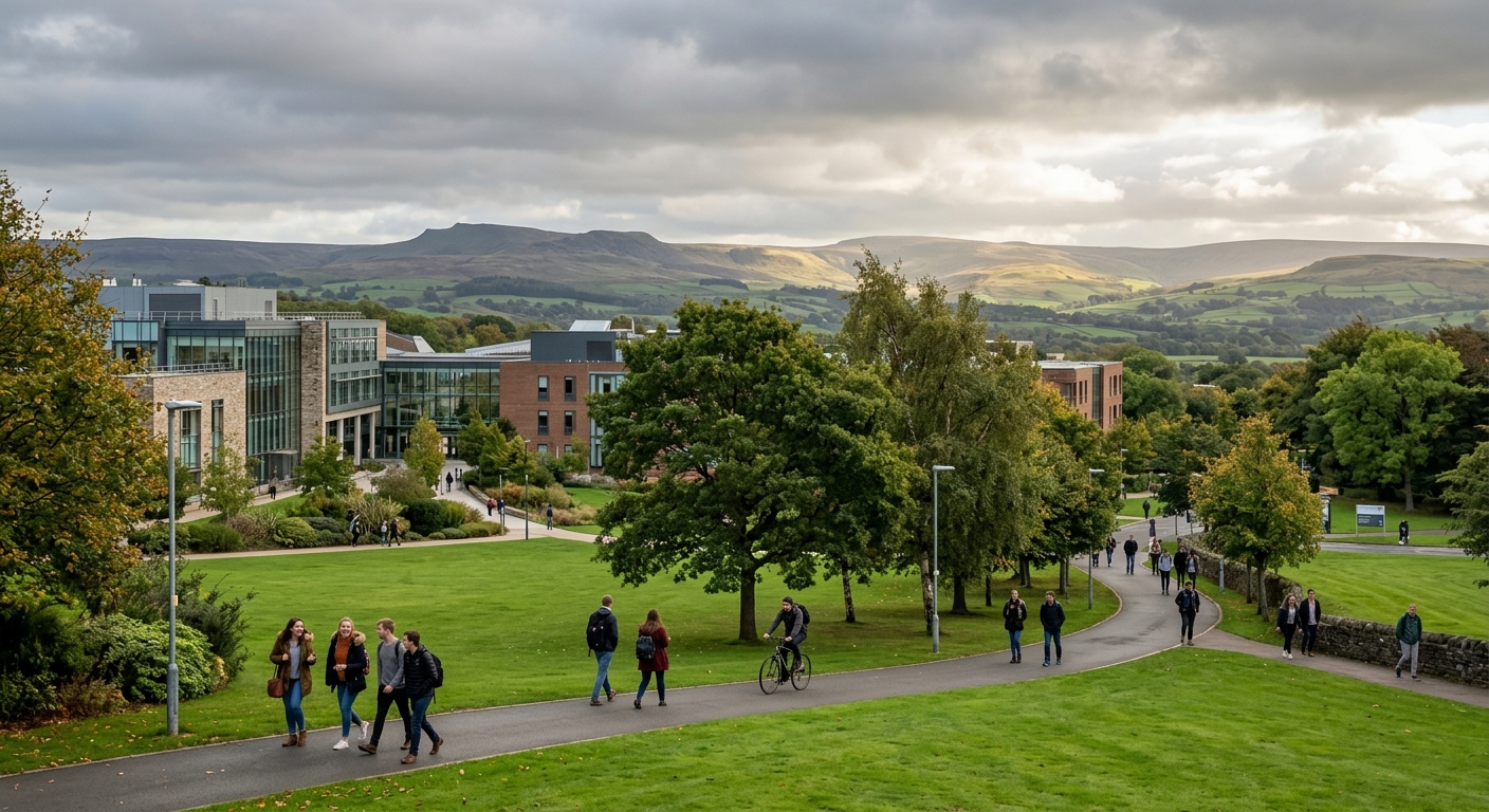 Lancaster University green parkland campus with modern academic buildings, students walking along tree-lined paths, rolling Lancashire hills in the background, overcast English sky with patches of sunlight