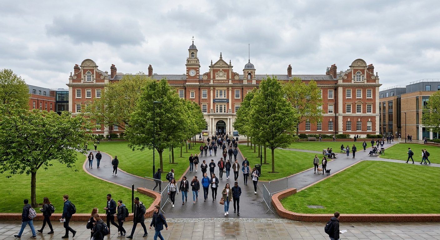 Goldsmiths University of London campus wide shot showing the historic Richard Hoggart Building with its Victorian architecture, College Green lawn in foreground, students walking along tree-lined paths, overcast London sky