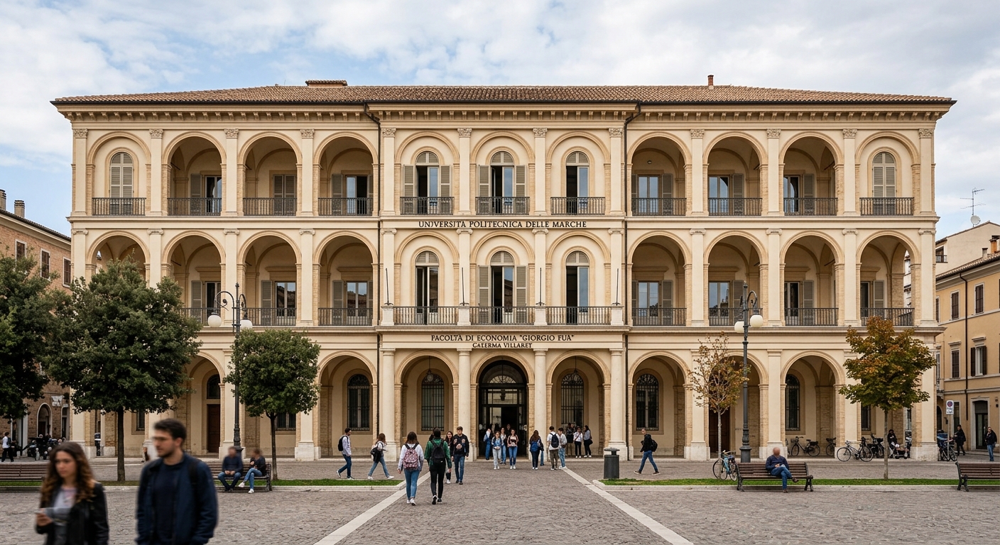Caserma Villarey historic building in Ancona city centre, renovated 19th century former barracks housing the Faculty of Economics, elegant arched facade, Italian urban setting