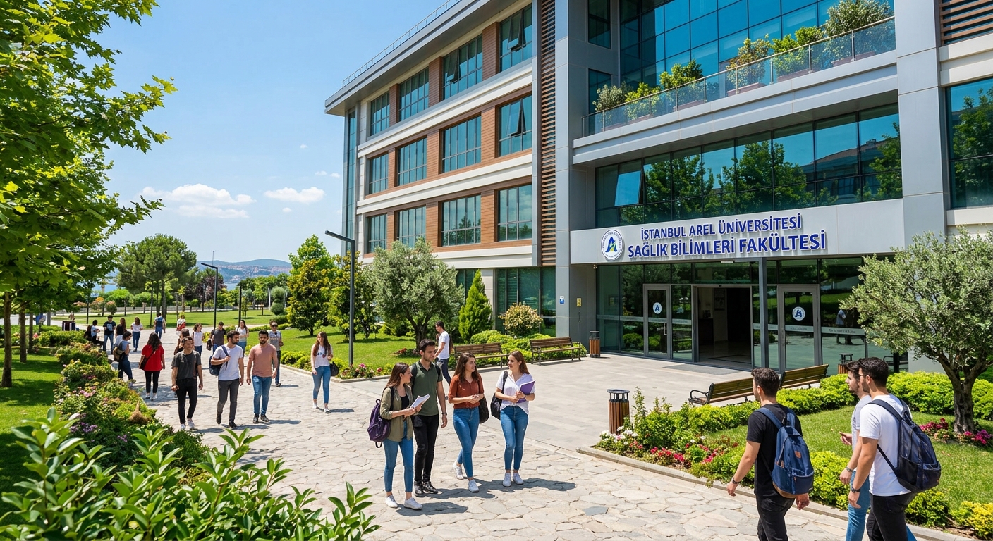 Istanbul Arel University campus with modern health sciences building, green landscaped grounds, students walking near the Faculty of Health Sciences entrance, bright sunny day in Istanbul Turkey