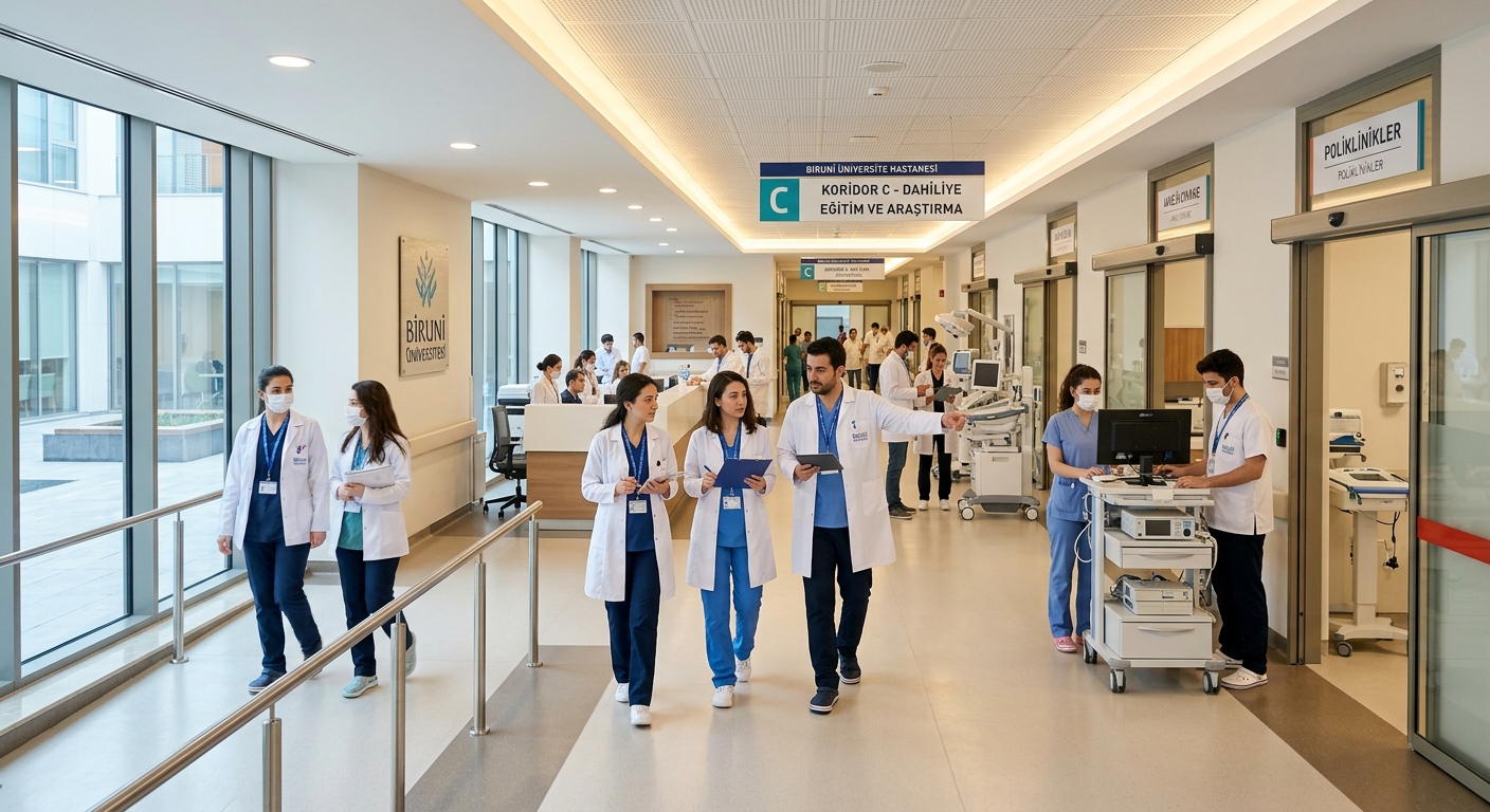 Biruni University Hospital interior, modern medical equipment, bright clinical corridors, healthcare professionals and students in white coats