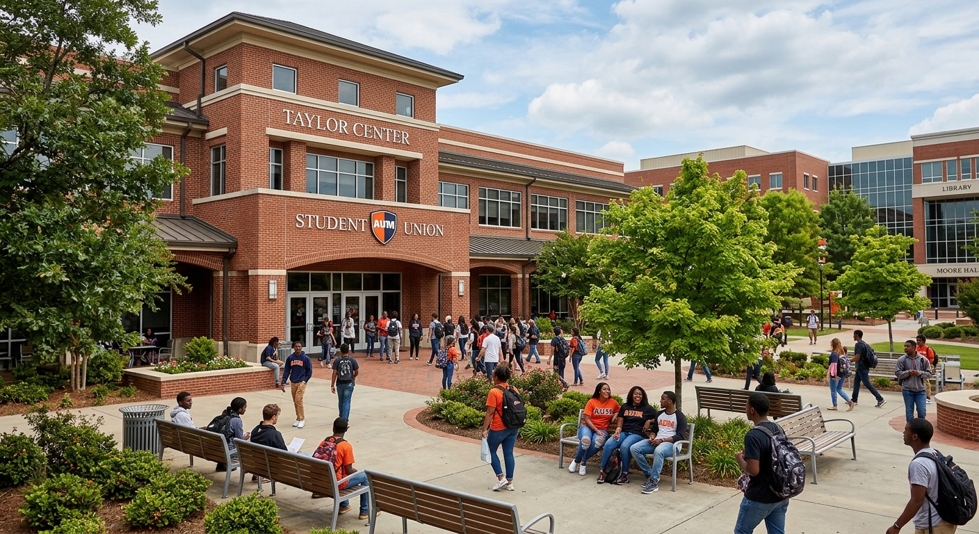 Taylor Center student union at Auburn University at Montgomery, multi-story brick building with students gathering outside, campus courtyard with benches and trees