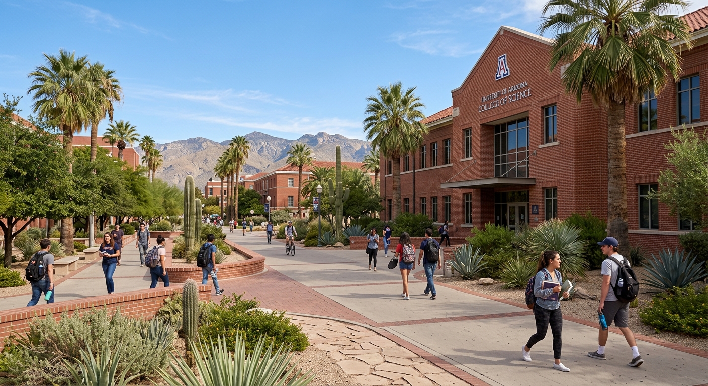 University of Arizona campus in Tucson with red brick buildings, desert landscape, palm trees, and clear blue sky, students walking along pathways near the College of Science building