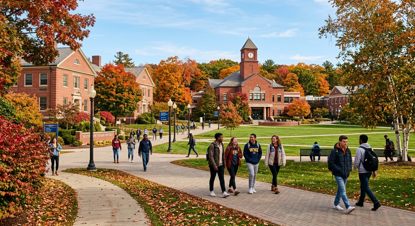 Western New England University campus in Springfield Massachusetts, red brick academic buildings surrounded by green lawns and mature trees, students walking along pathways on a sunny autumn day with colorful foliage