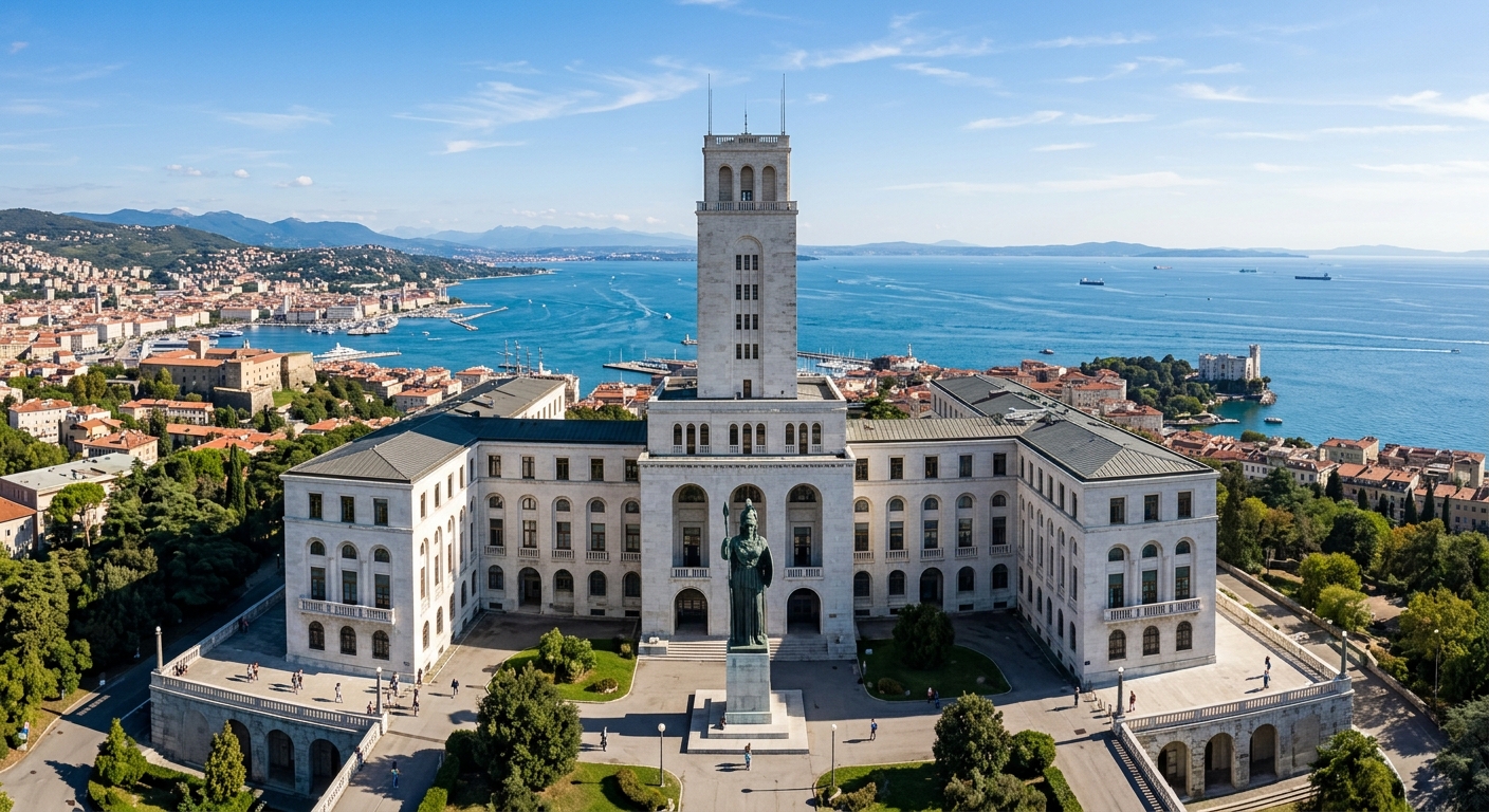 University of Trieste main campus building on Piazzale Europa hilltop overlooking the Gulf of Trieste and Adriatic Sea, monumental 1930s Italian rationalist architecture with Minerva statue, blue sky and coastal cityscape in background