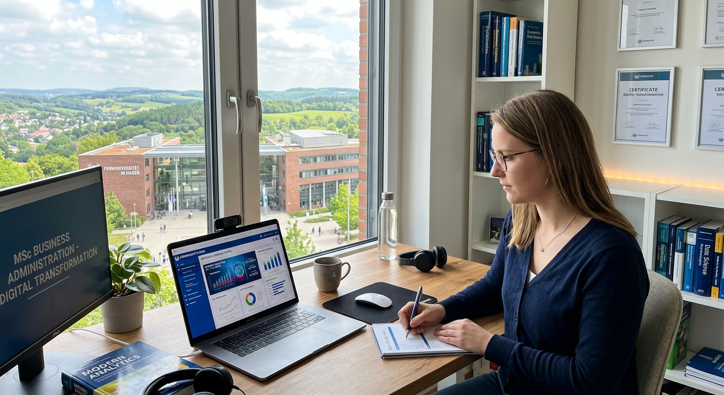 Modern distance learning setup with a laptop displaying digital business analytics dashboards, FernUniversität in Hagen campus building in the background, green North Rhine-Westphalia landscape, professional study environment with digital transformation visuals