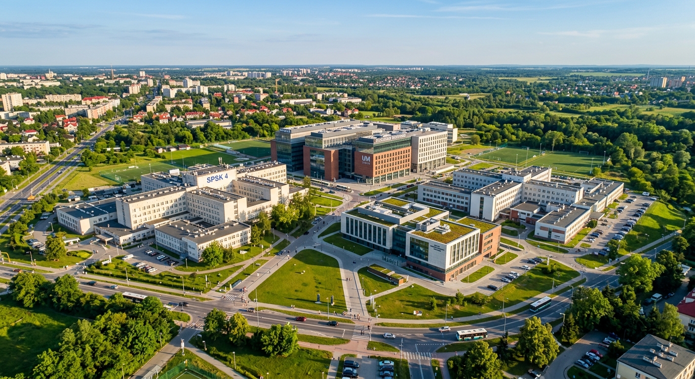 Aerial view of Medical University of Lublin campus in Poland, modern educational buildings and clinical hospitals surrounded by green spaces, Collegium Universum and Medical Simulation Center visible, warm daylight