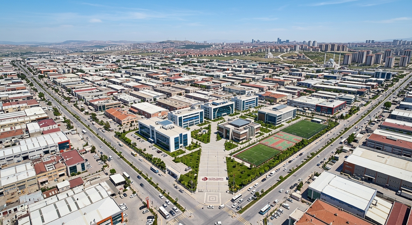 Aerial view of OSTIM Technical University campus within the OSTIM Organized Industrial Zone in Ankara, modern university buildings surrounded by industrial facilities, wide boulevards, clear sky over Yenimahalle district