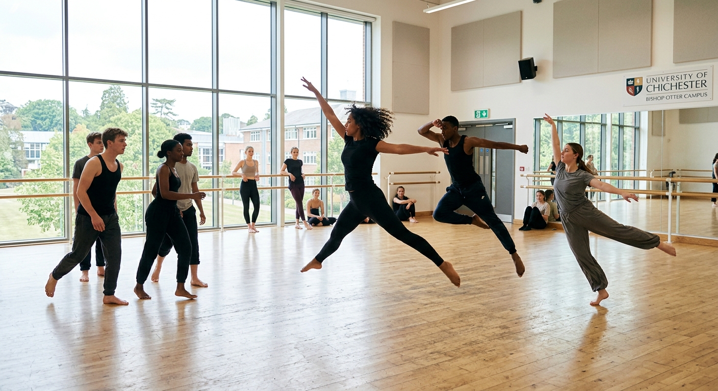 Contemporary dance students performing in a bright, purpose-built studio at the University of Chichester Bishop Otter campus, with sprung wooden floors and natural light streaming through large windows