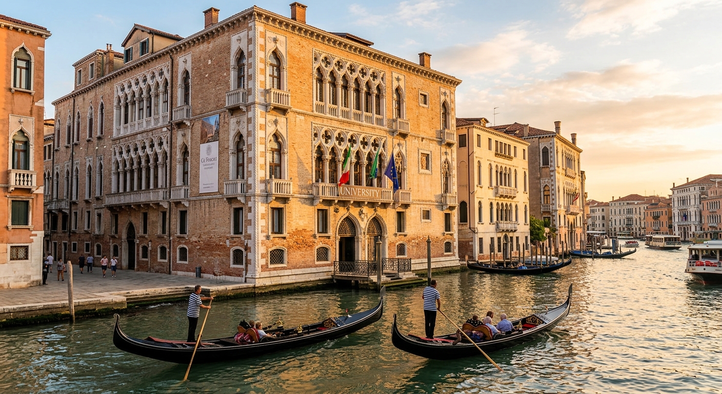 Ca' Foscari University of Venice main Gothic palace on the Grand Canal, Venetian architecture with pointed arched windows, waterfront view with gondolas, warm afternoon light reflecting on canal water