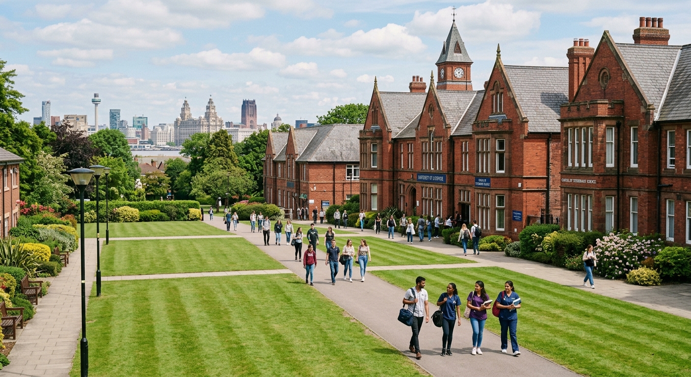 University of Liverpool School of Veterinary Science campus with red brick buildings, green lawns, and students walking between lecture halls, with the iconic Liverpool skyline visible in the background