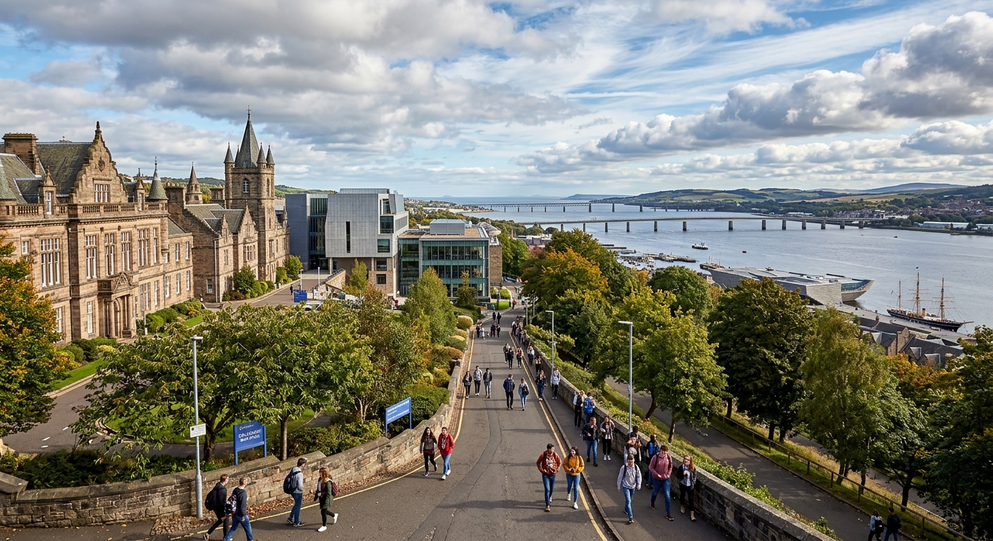 University of Dundee campus with historic stone buildings and modern facilities, overlooking the River Tay in Scotland, students walking along tree-lined pathways under a partly cloudy sky