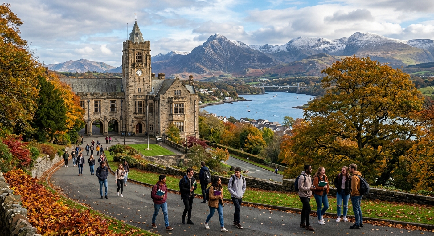 Historic Bangor University campus buildings set against the dramatic backdrop of Snowdonia mountains and the Menai Strait in North Wales, with students walking along tree-lined pathways on a bright autumn day