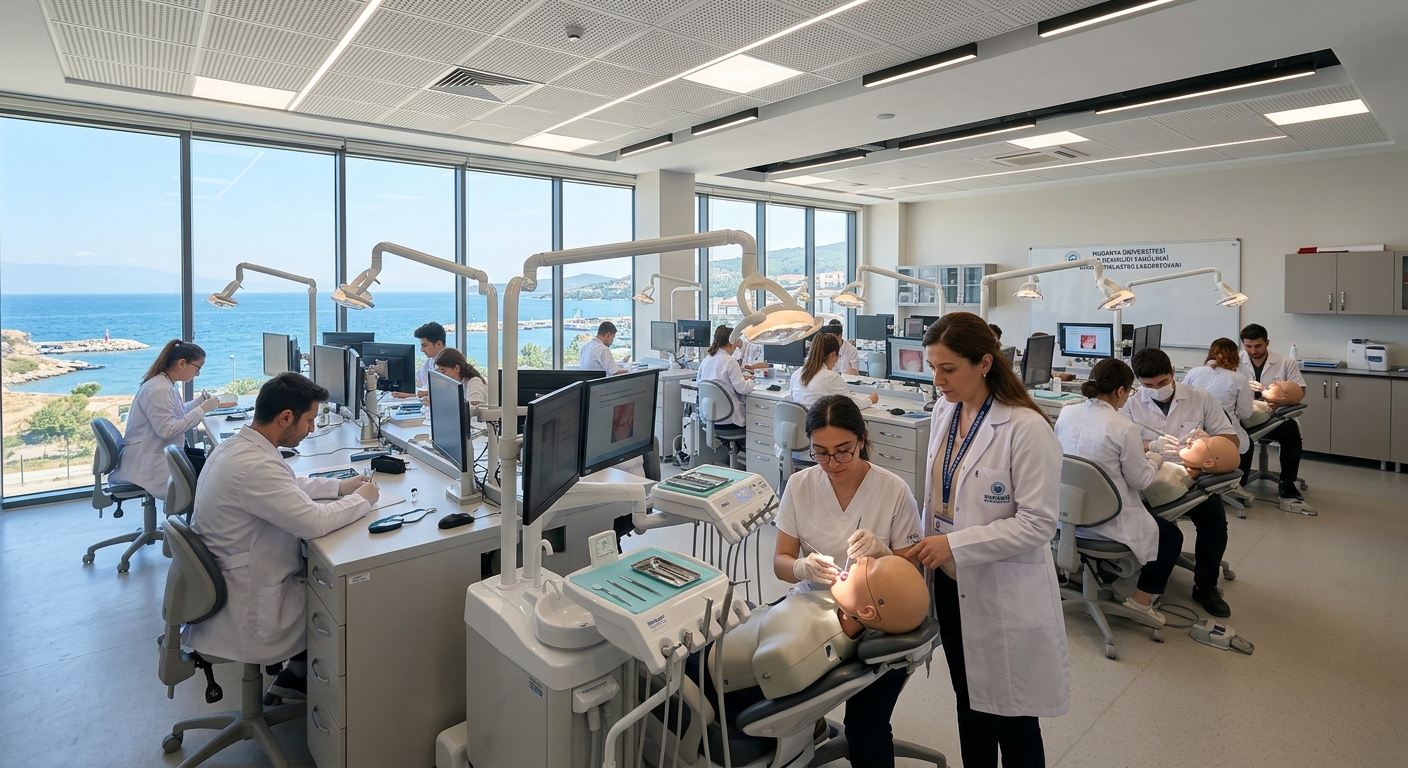 Modern dental simulation laboratory at Mudanya University campus in Bursa, Turkey, with dental mannequin stations, students practicing clinical techniques, bright lighting and contemporary equipment, Sea of Marmara visible through large windows