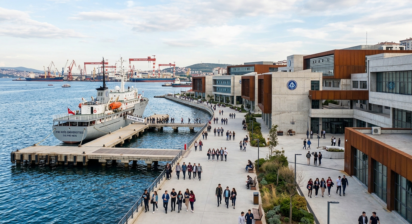 Modern maritime university campus on the coast of the Marmara Sea in Istanbul Tuzla, with interconnected concrete and corten steel academic buildings, a pier with a training ship docked nearby, and students walking along a seaside promenade with shipyard cranes visible in the background