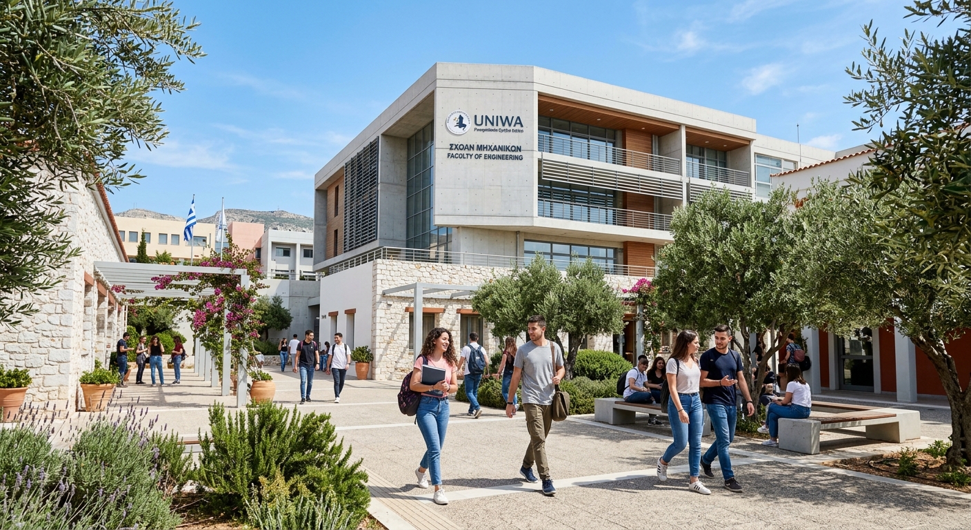 Modern university campus building at the University of West Attica in Athens Greece, students walking through a sunlit courtyard with Mediterranean architecture, blue sky, olive trees, and a contemporary engineering faculty building in the background