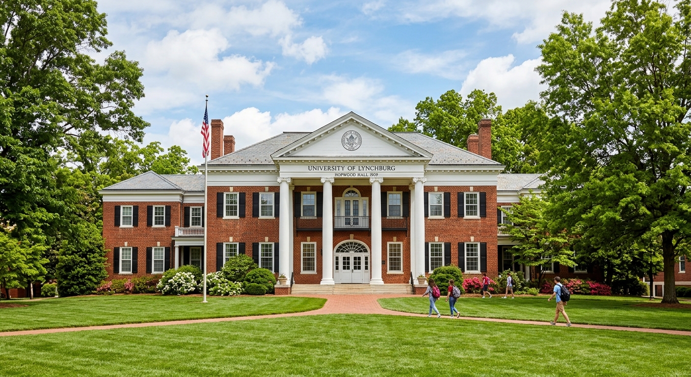 University of Lynchburg Hopwood Hall, a stately red brick Georgian building with white columns and a green lawn in front, surrounded by mature trees on a sunny day