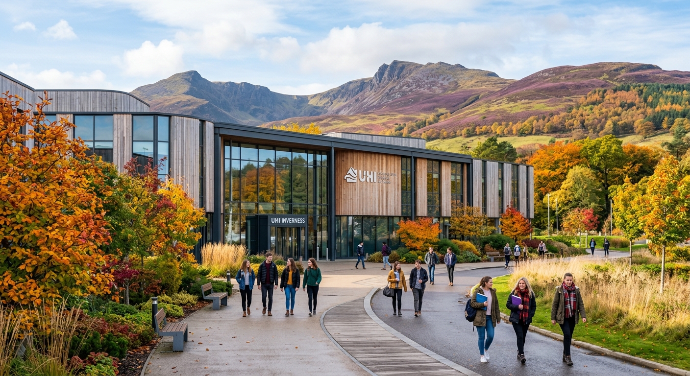 UHI Inverness campus modern building with glass facade, students walking along pathways, Scottish Highland hills in the background, autumn foliage
