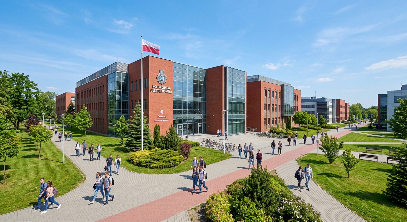 Częstochowa University of Technology main campus wide shot, modern academic buildings with red brick and glass facades, green lawns, students walking on pathways, Polish flag visible, clear blue sky