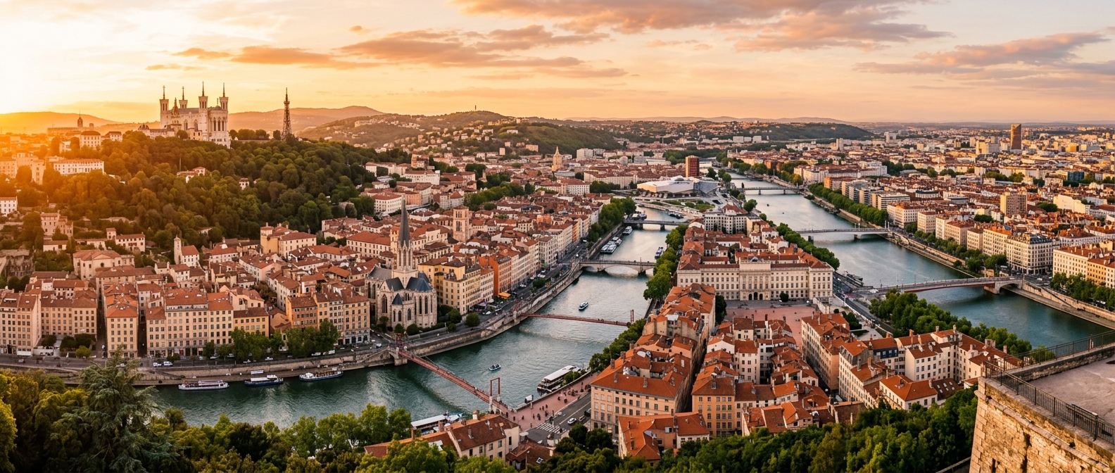 Panoramic view of Lyon cityscape at golden hour, Basilica of Notre-Dame de Fourvière on hilltop, Saône and Rhône rivers converging, historic Vieux Lyon district with terracotta rooftops
